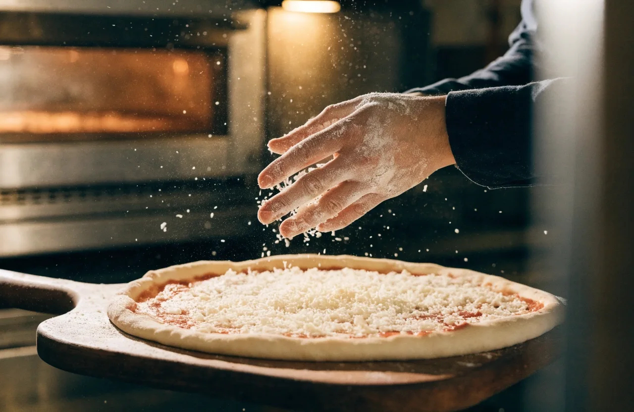 Hands shaping pizza dough on a floured steel bench