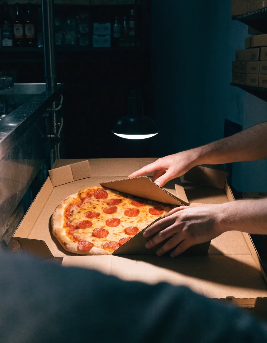 Whole Apache Pizza on a dark counter under a single lamp