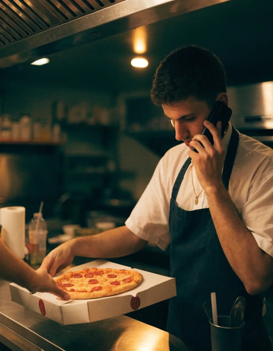 Fresh pizza on a dark counter under a single lamp