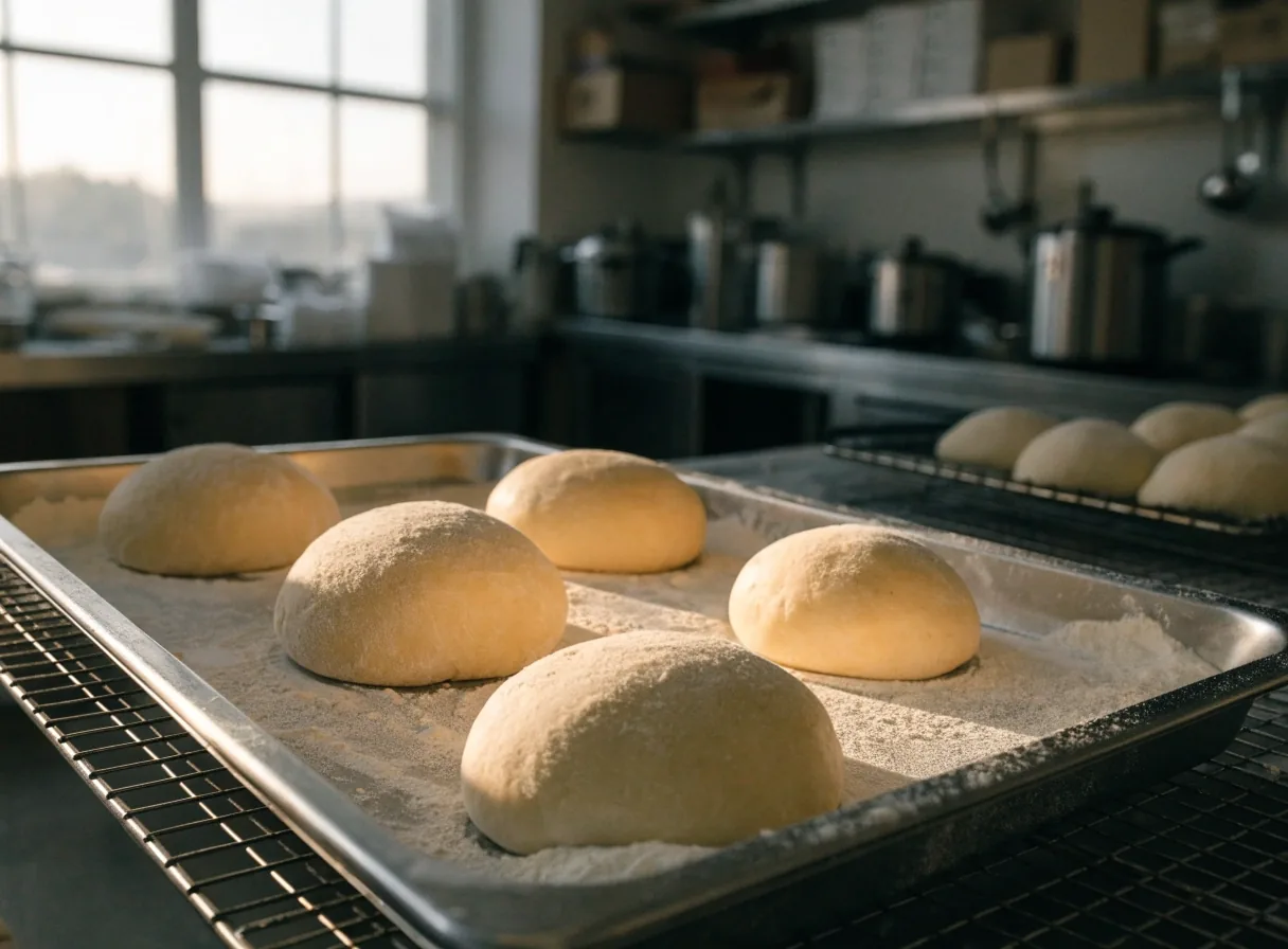 Hands shaping dough on a floured steel bench
