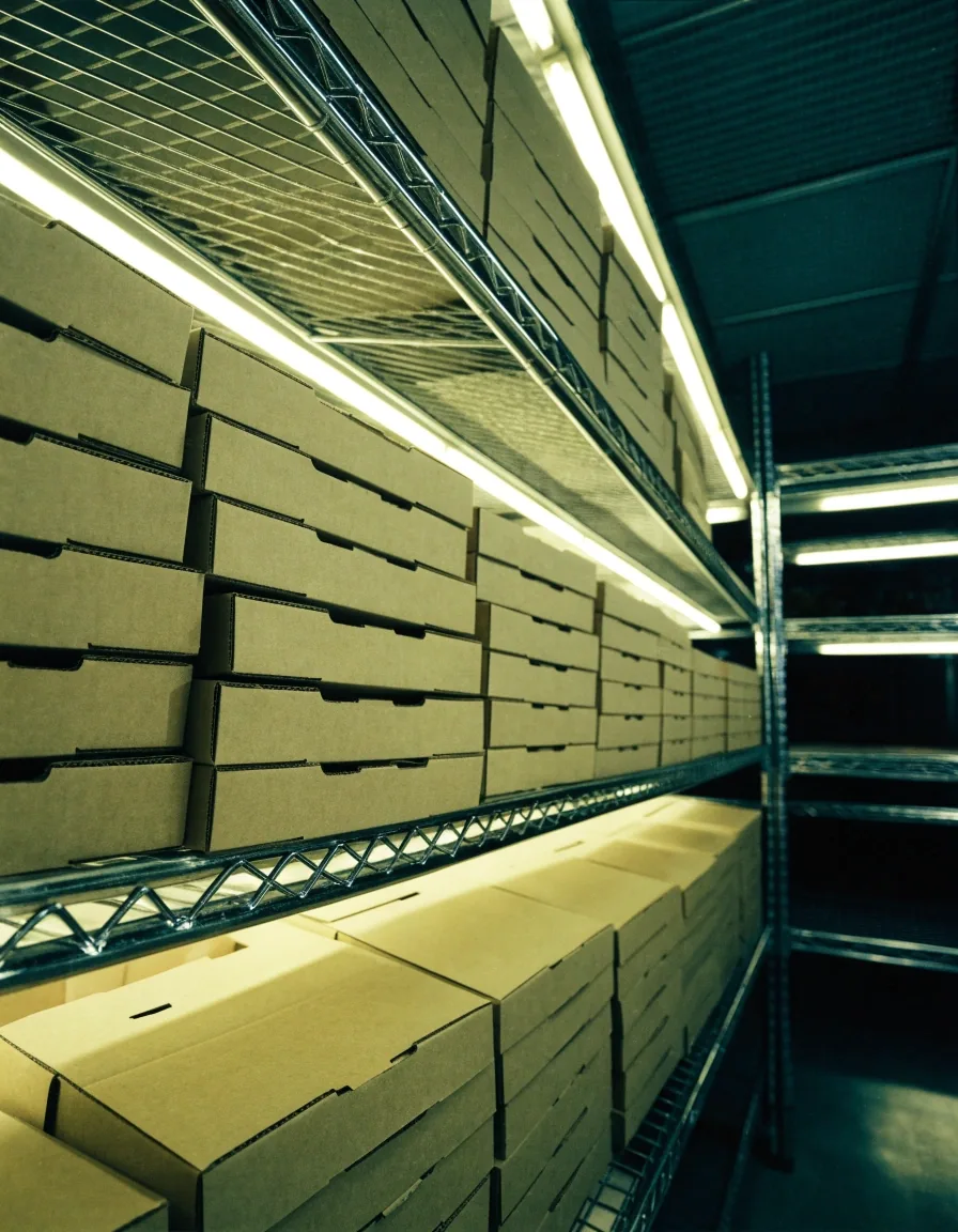 Stack of closed boxes on a steel rack