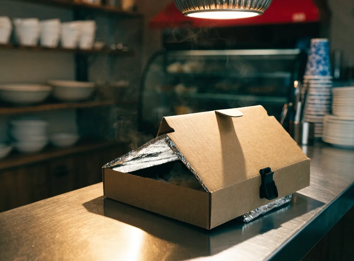 Thermal delivery bag half open on a counter