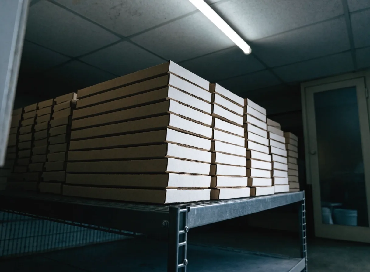 Stack of closed pizza boxes on a steel rack under a single light