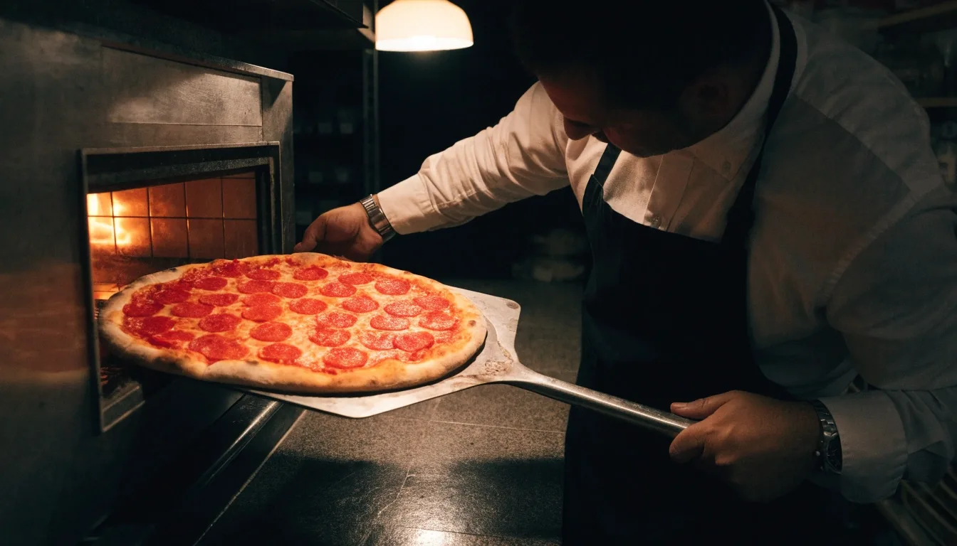 Whole Apache Pizza on a dark counter under a single lamp