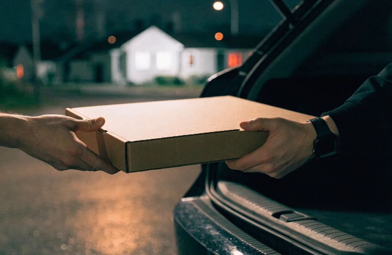Driver collecting a pizza box at a car at night