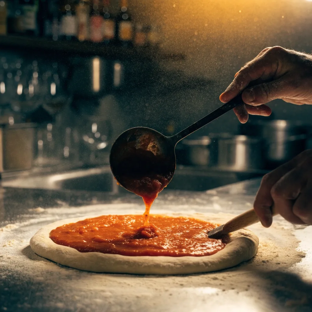 Hands shaping pizza dough on a floured steel bench