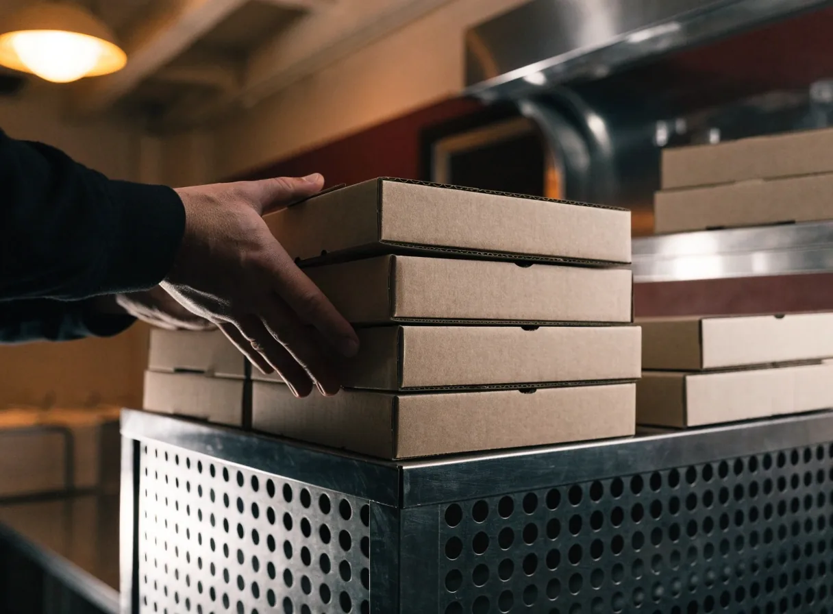 Stack of closed pizza boxes on a steel rack