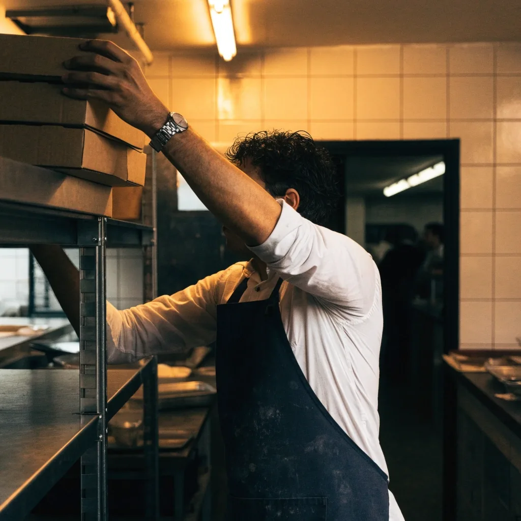 Closed pizza boxes stacked on a steel rack under a strip light