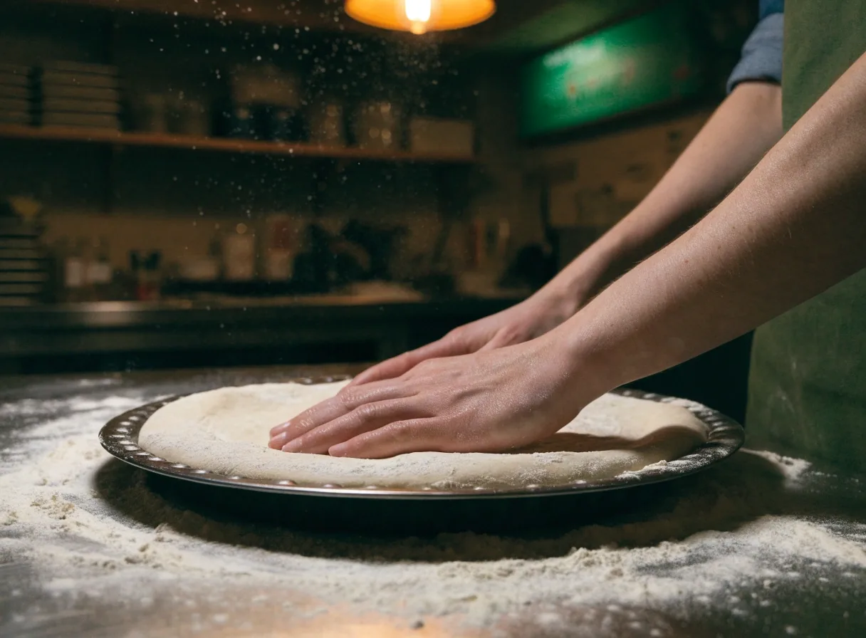 Hands shaping pizza dough on a floured steel bench