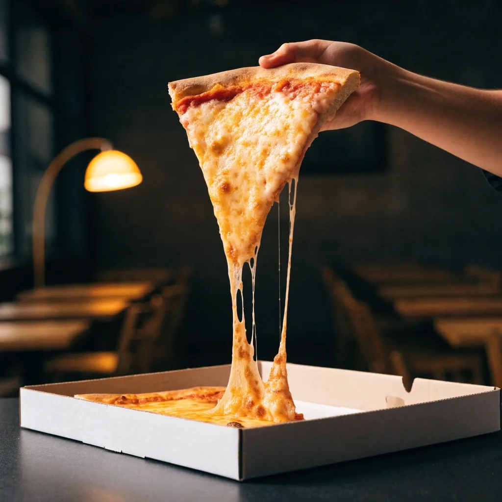 Slice of Apache Pizza lifted from the box on a dark counter