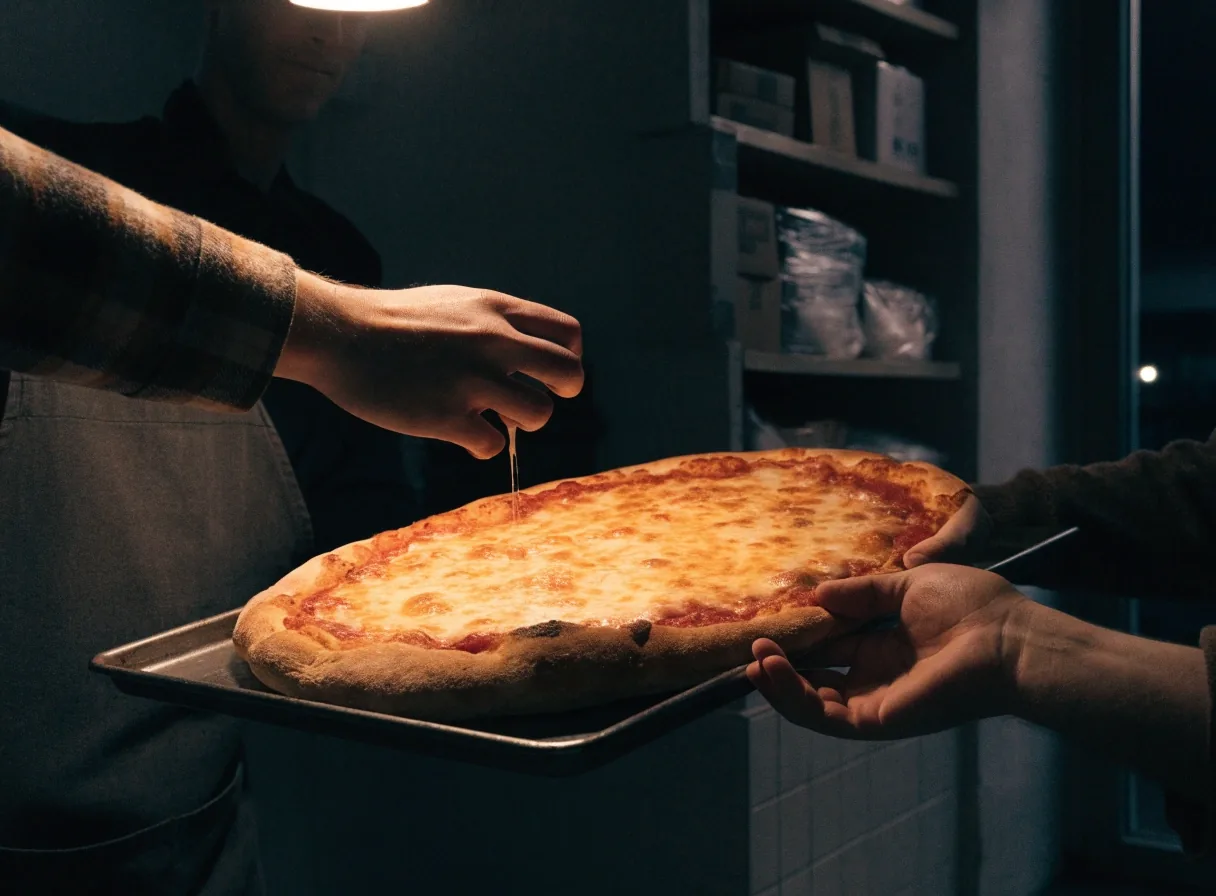 Whole Apache Pizza on a dark counter under a single lamp
