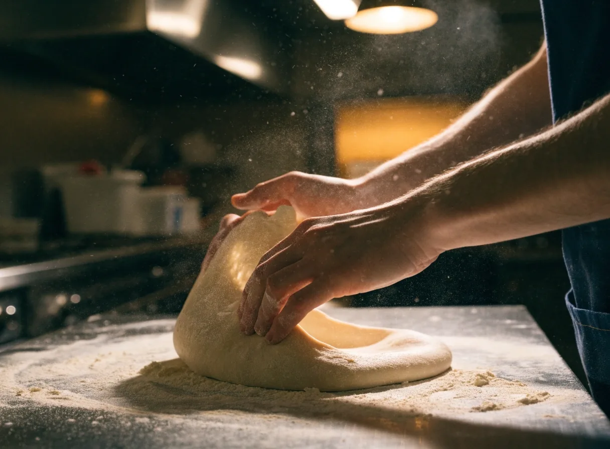 Hands shaping pizza dough on a floured bench