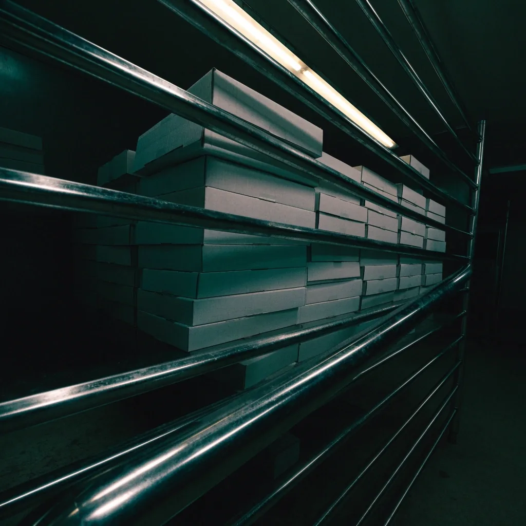 Stack of closed pizza boxes on a steel rack