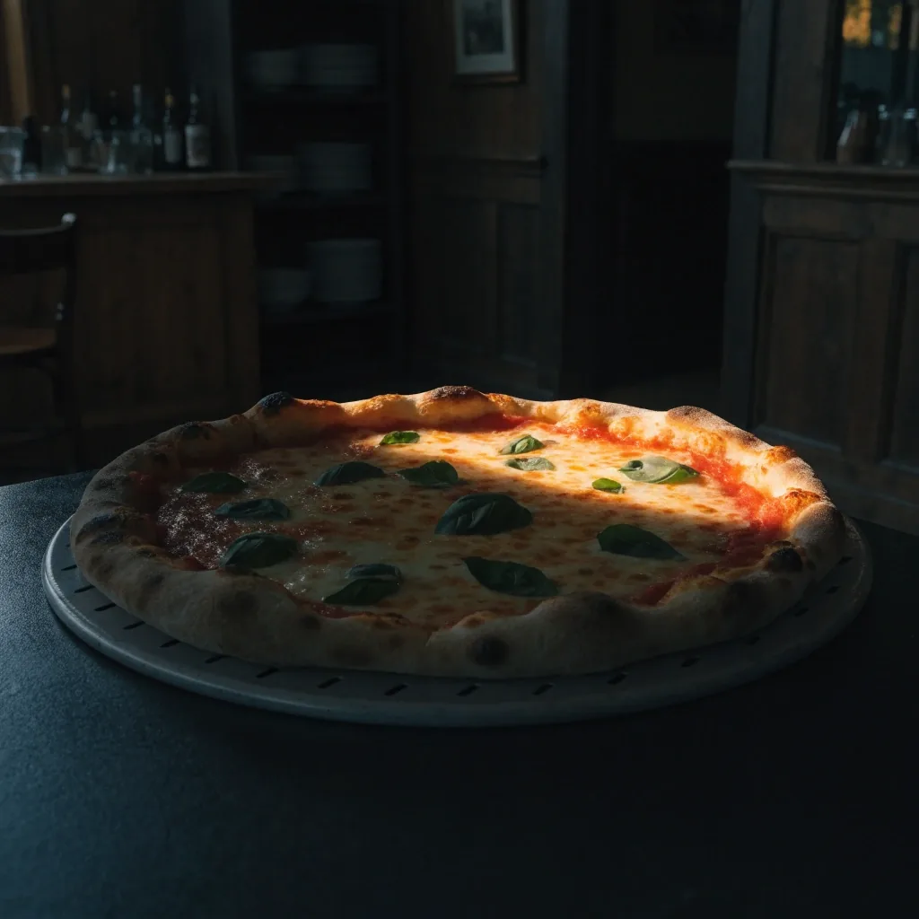 Whole pizza on a dark counter under a single lamp