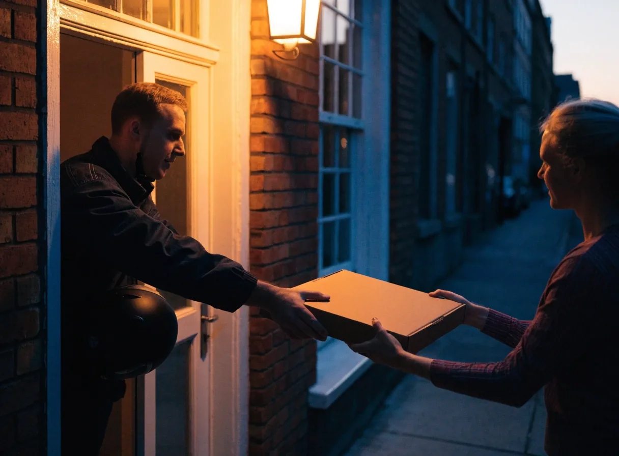 Open delivery bag with steam under a lamp
