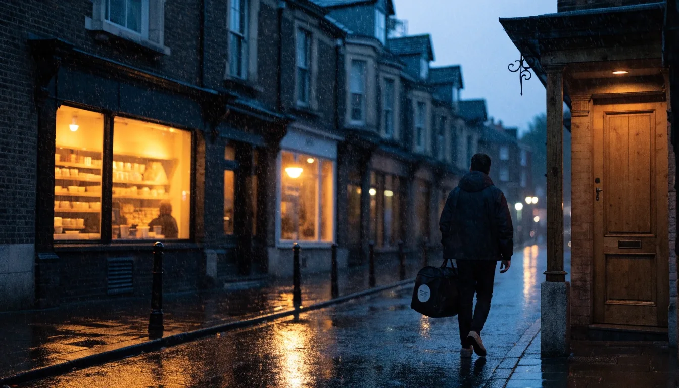Rathmines street at night with warm light on pavement