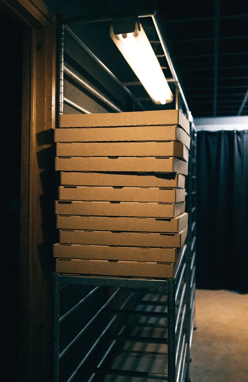 Closed pizza boxes stored on a steel rack under a single strip light
